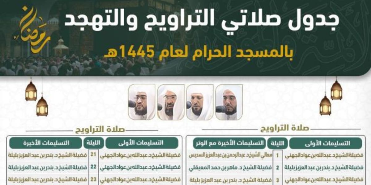 جدول أئمة صلاة التراويح والتهجد بالمسجد الحرام 